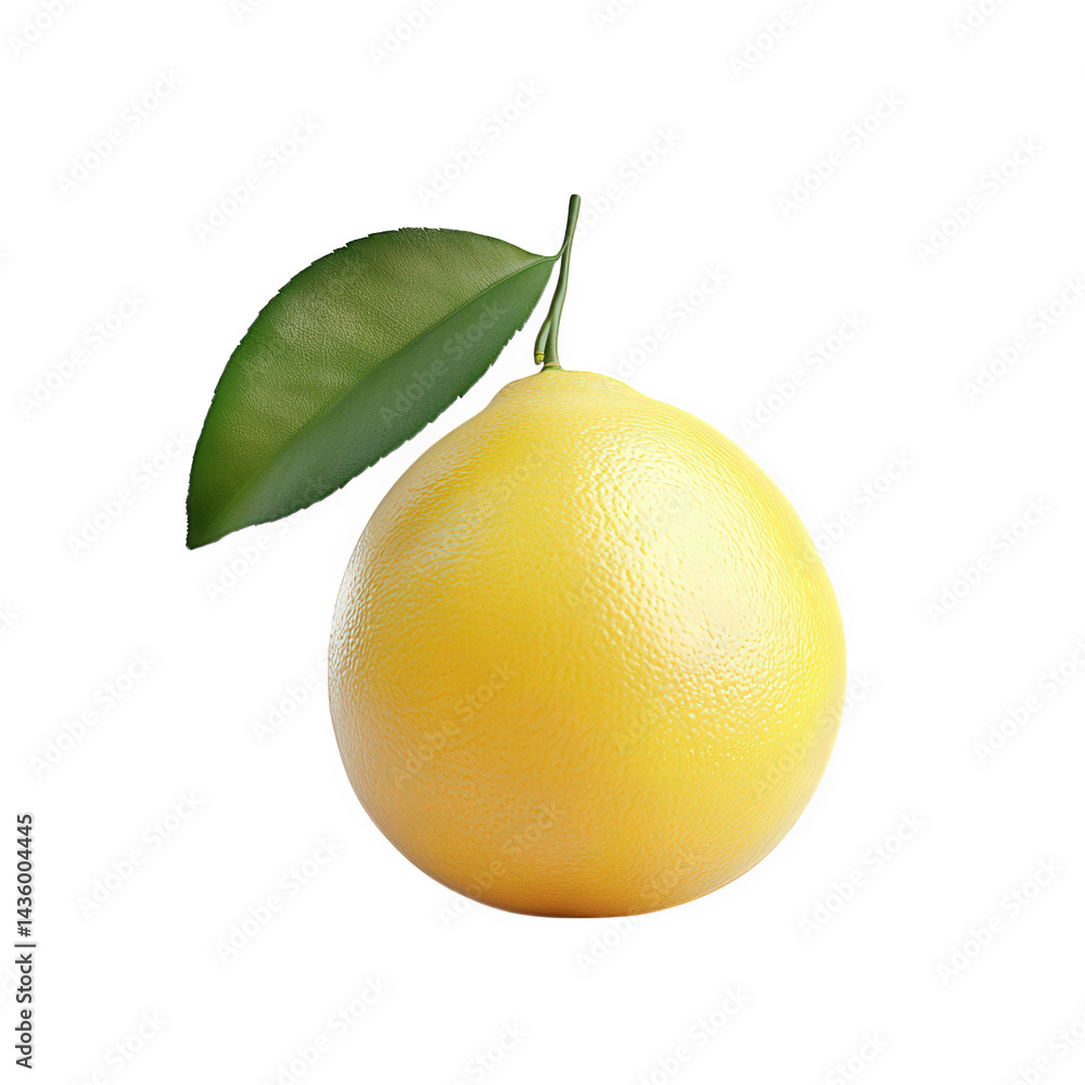 Poster realistic rendering of a yellow lemon with a green leaf attached. highlighting its smooth texture an