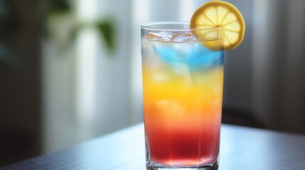 Layered Colorful Cocktail with Lemon Garnish