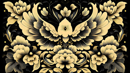 Intricate floral and feathered symmetrical design on a dark background.