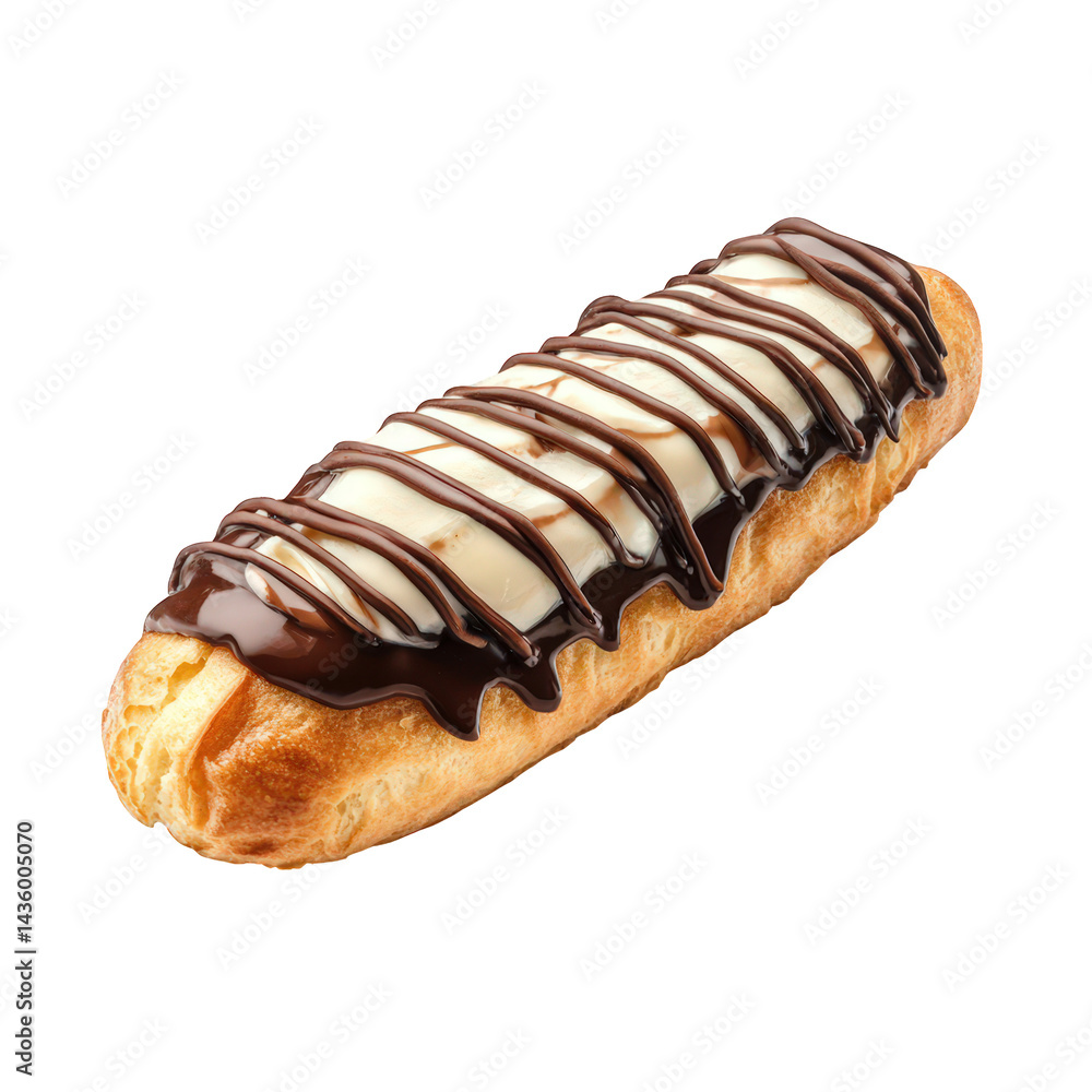 Poster delicious pastry. resembling an elongated croissant filled with a creamy layer and topped with a glo