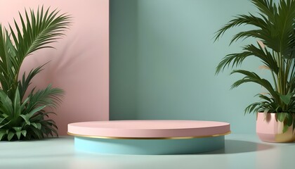Fototapeta premium Stylish studio setting features a pastel podium with plants and complementary color backdrop.