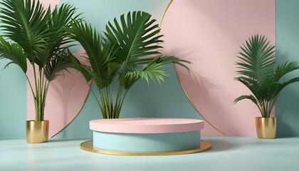 Obraz premium A visually appealing product display featuring a pastel stage with lush greenery and gold accents.