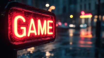 Red Neon Game Sign in Rainy City at Night