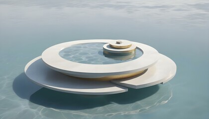 A minimalist circular fountain design sits afloat on a calm body of water under a bright sky.