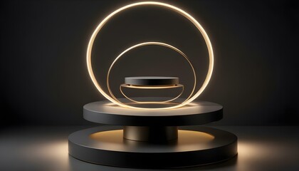 A sleek product display with a tiered podium, lit with golden circular light structures.