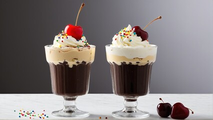 Decadent Dessert Parfaits: Layers of Chocolate, Cream, and Cherries with Sprinkles, a Sweet Indulgence for the Senses.