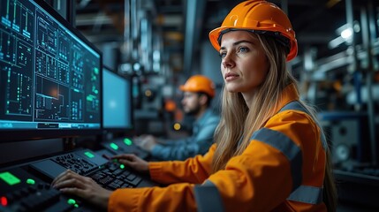 Female engineer operating control panel in industrial facility with safety gear and digital screens