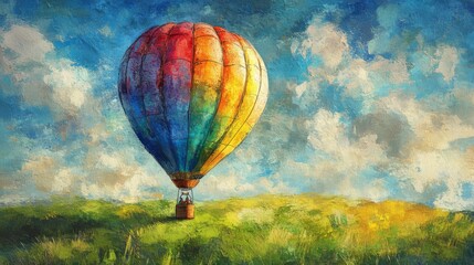 Fototapeta premium Colorful Hot Air Balloon Over Green Field Under Blue Sky
