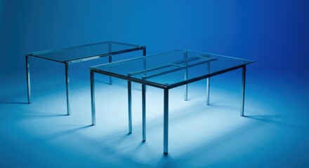 Two modern glass tables against blue background