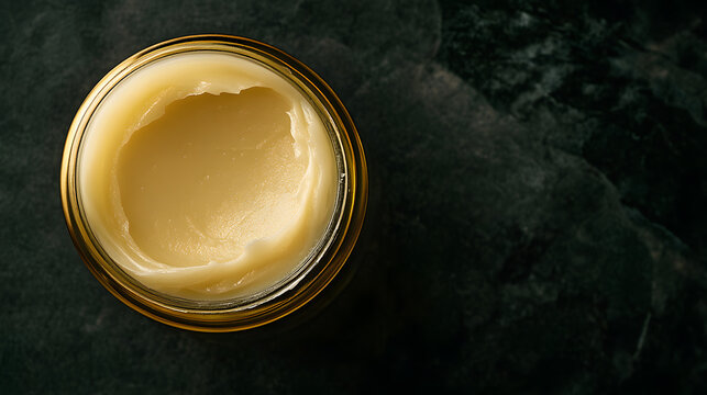 Realistic, Ultra HD top-view shot of a luxury cleansing balm jar, with a rich, creamy texture, on a dark chic background
