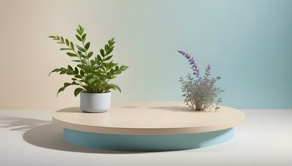 A minimalist studio arrangement featuring a plant and decorative elements on a stylish podium.