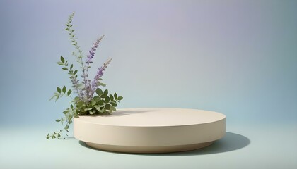 A minimalist product presentation with a round pedestal, adorned with delicate flowers and soft light.