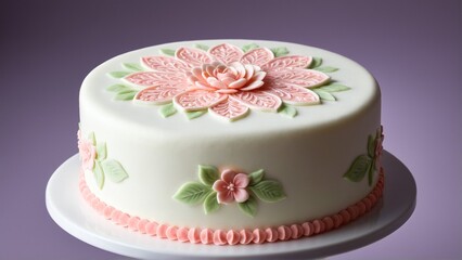 A Delicate Celebration: Exquisite White Cake Adorned with Intricate Pink and Green Floral Fondant Detailing on a Matching Stand.