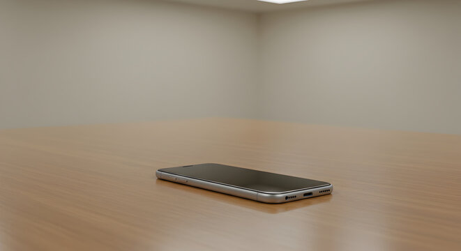 Sleek Smartphone Device Laying Flat On A Wooden Table In Empty Office