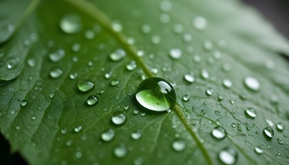 Close-up shot captures water droplets on a vibrant green leaf, showcasing nature's elegance.