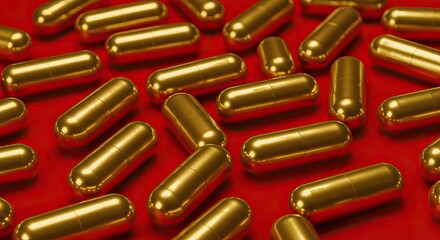 Golden capsule pills on vibrant red background for health and wellness concepts