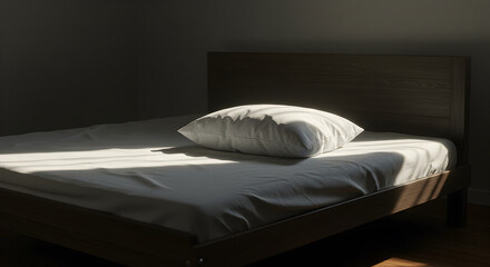 Serene Bedroom Scene With Minimalist Bedding And Sunlight Dappling Through Window