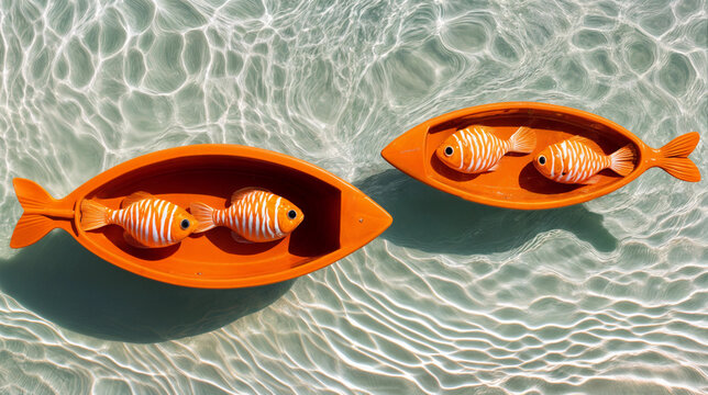 Orange fish dummies in fish-shaped boats floating on ripples in the water. Fishing tackle and nautical decor concept. Top view for poster, illustration, design
