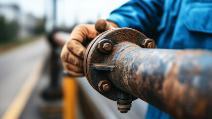 Industrial engineer wearing protective gloves adjusting valve on corroded metal pipeline, showcasing maintenance precision