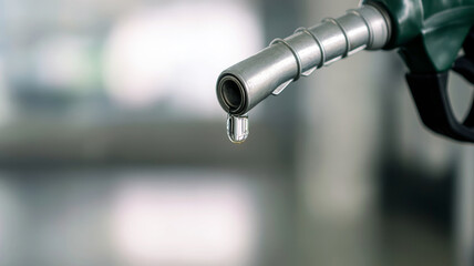 Close up of last gasoline drop dripping from nozzle, symbolizing fuel shortage and energy crisis