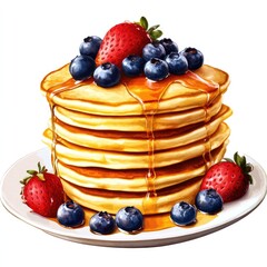 Stack of golden pancakes topped with fresh berries and drizzled with syrup