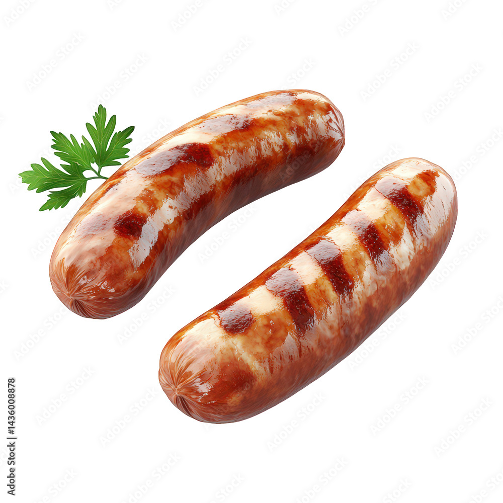 Poster two grilled sausages with a shiny. caramelized surface. placed side by side on a white background a 