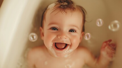 Joyful baby laughing in bubble bath, eyes sparkling with wonder and delight