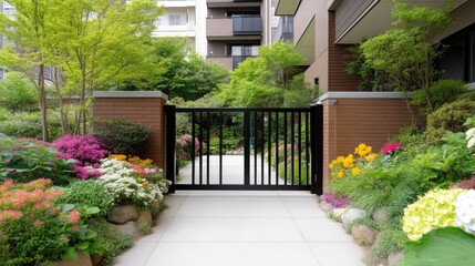 Fototapeta premium Black Gate Spring Blooms Modern Architectural High-Resolution Landscape View Lush Flowerbeds Peaceful Courtyard Serene Green Tones Ideal for Real Estate Listings