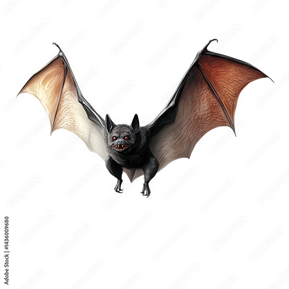 Poster a stylized bat in mid-flight. showcasing its large wings with a gradient of colors from dark to ligh