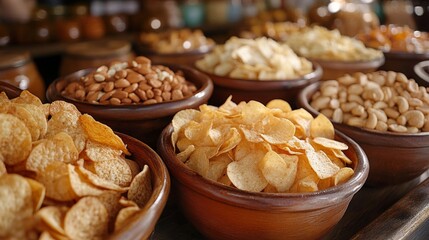 Obraz premium Assortment of Crunchy Snacks in Rustic Bowls