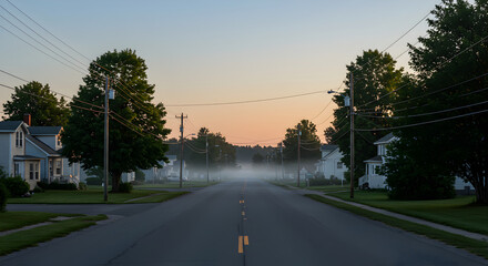 Quiet Suburban Street Shrouded In Early Morning Mist During Sunrise