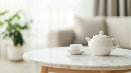 Porcelain teapot and matching teacup resting on marble surface, conveying peaceful home interior setting