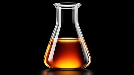 Clear glass flask with amber liquid on a black background