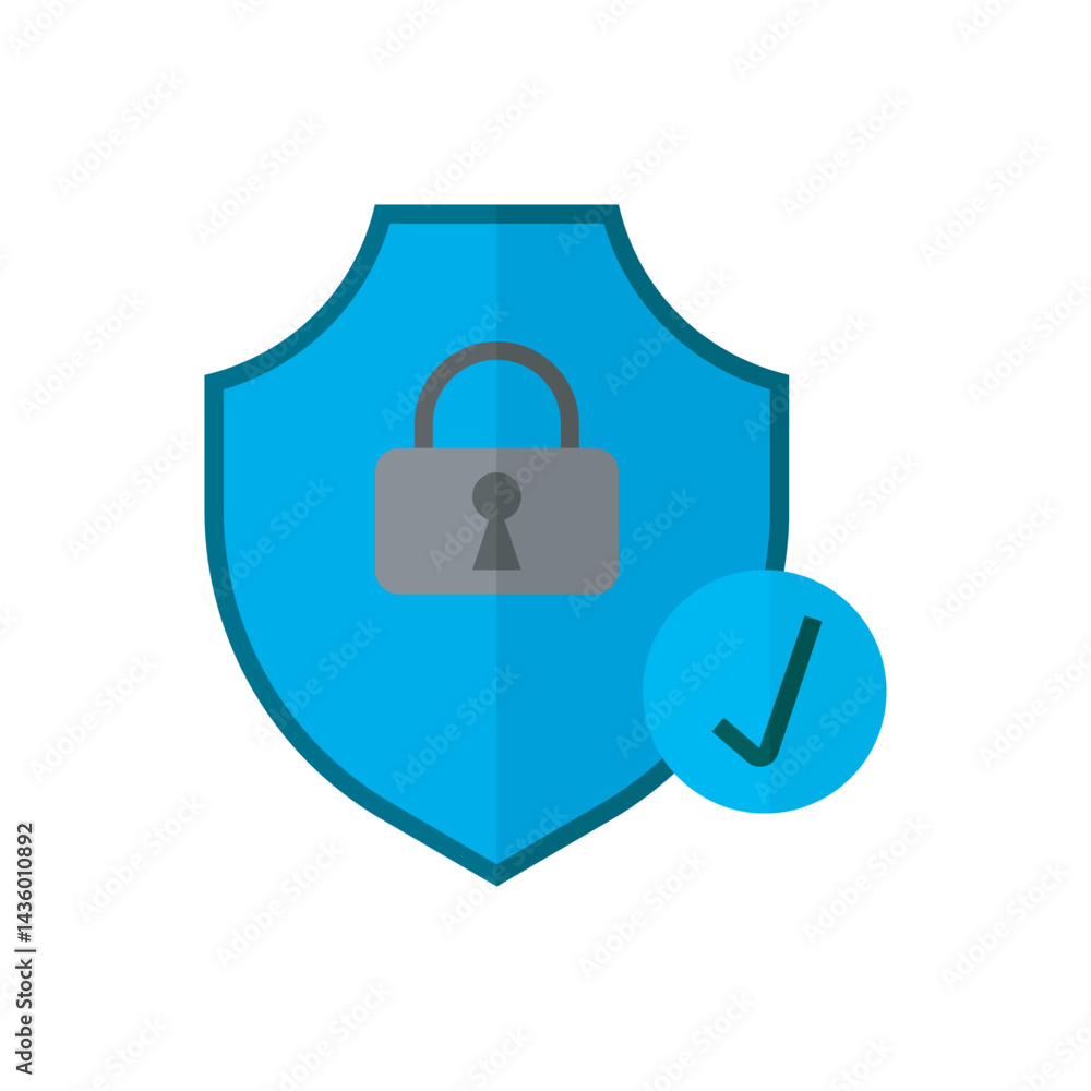 Poster secure shield with tick vector illustration. padlock and tick on a shield symbolizing confirmed data