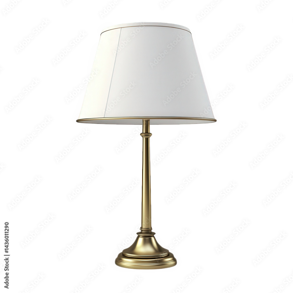 Poster a classic table lamp featuring a brass-colored base and a white fabric shade. designed to provide wa