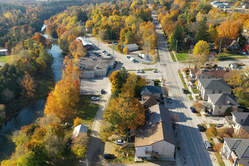 Aerial of Fergus, Ontario, Canada on fall day