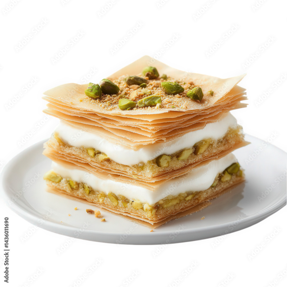 Poster a delicious dessert made of layered pastry. filled with a creamy mixture and chopped nuts. garnished