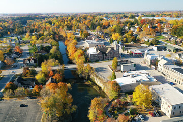 Aerial of Fergus, Ontario, Canada on autumn day