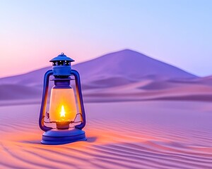 A glowing oil lantern sits in a desert at dawn, casting a warm light against the sand dunes and a distant mountain under a soft, pastel sky