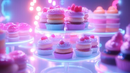 Pink Blue Neon Lit Cupcakes and Pastries on Stand