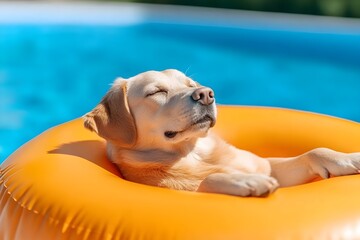 A serene yellow dog naps peacefully in an orange pool float, eyes closed, enjoying the summer sun beside a swimming pool