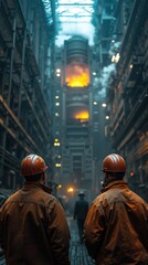 Fototapeta premium Industrial workers overseeing steel furnace operations in large factory