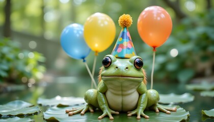 with party hat sitting on lily pad with balloons