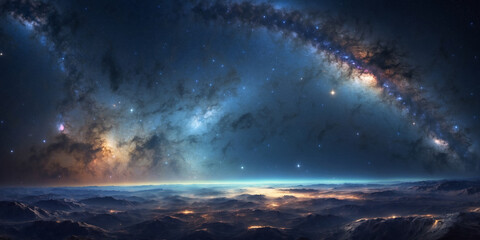 Obraz premium Spectacular view of the Milky Way galaxy, shining over a distant planet's horizon.