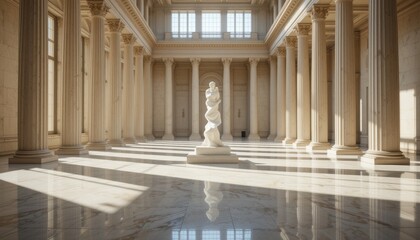Obraz premium Serene Neoclassical Hall Sunlight Illuminates Modern Sculpture in Marble-Floored Grandeur