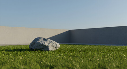 Aesthetic Stone on Green Lawn with Minimalist Architecture in Background