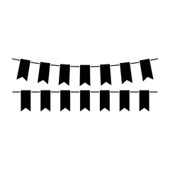 Black bunting flags arranged in two rows suspended on a white background, representing simple decoration and celebration concepts.