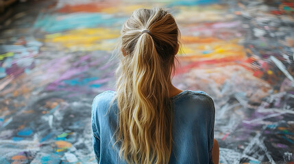 Woman with ponytail contemplates colorful creative space.