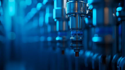 A close-up of a metallic industrial component, illuminated by blue light, showcasing precision engineering in a modern technological environment.