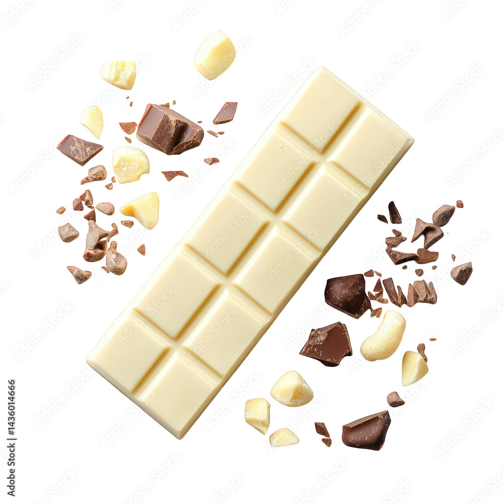 Poster rectangular bar of white chocolate. neatly segmented into squares. surrounded by various pieces of c